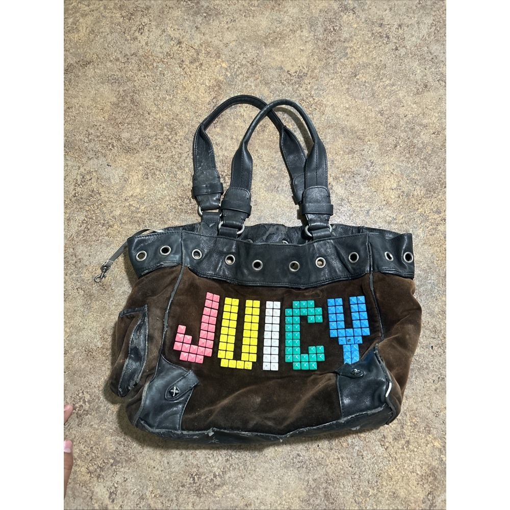 Y2K Vintage Juicy Couture Brown Velour Multi Colored Studs Bag Purse RARE